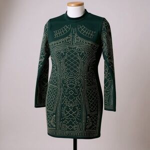 Windsor‎ Green Studded Mock Neck Long Sleeve Bodycon Mini Dress Women's S